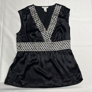 WHBM, Black Sleeveless V-Neck Blouse with Decorative Trim and Side Zipper, Large